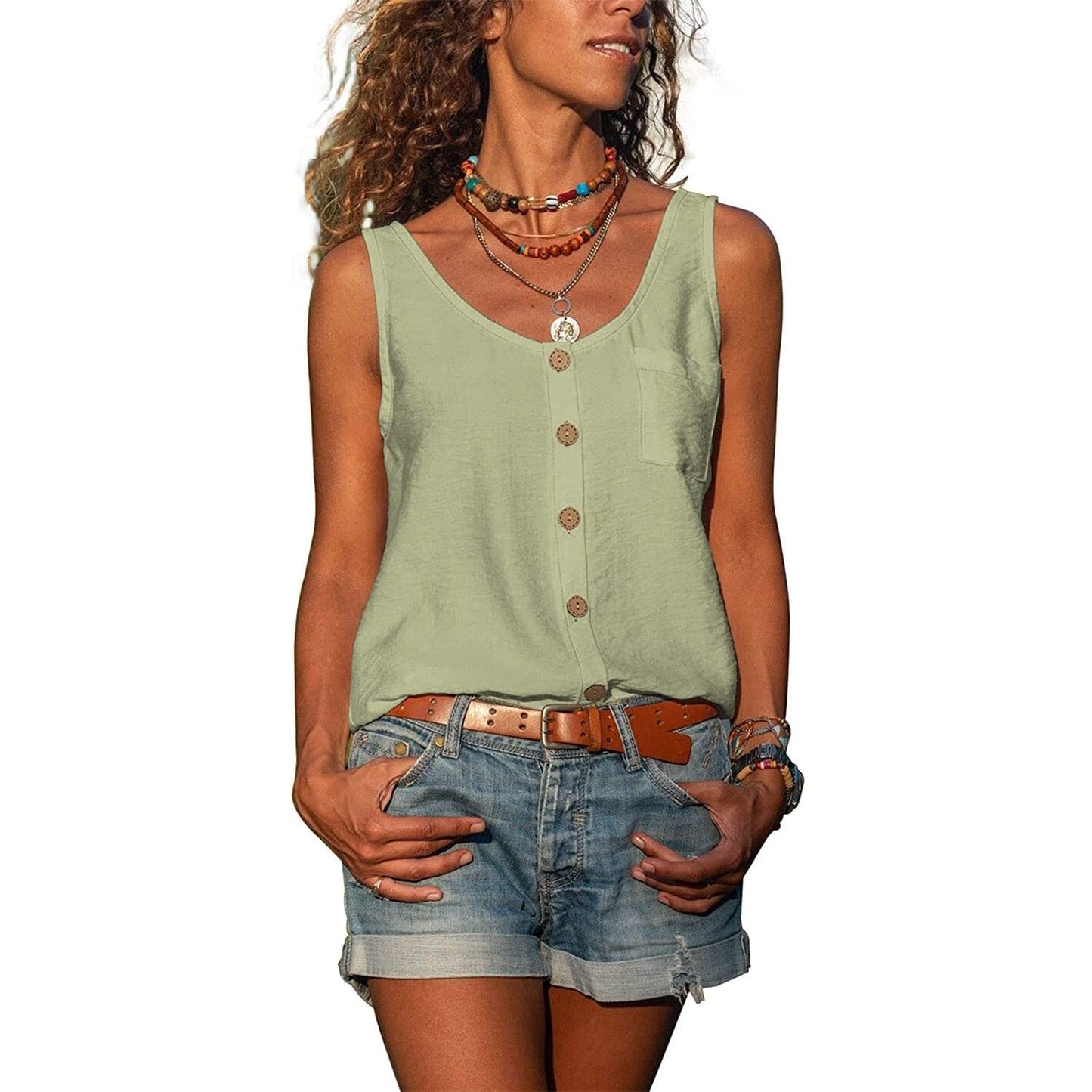 Top Femme - Sans Manches - Boutonné - Coupe Ample - Style Décontracté