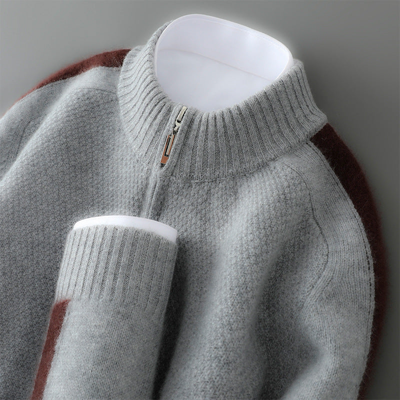 Sweat-shirt homme – Laine – Coupe classique – Demi-zip – Col et poignets côtelés