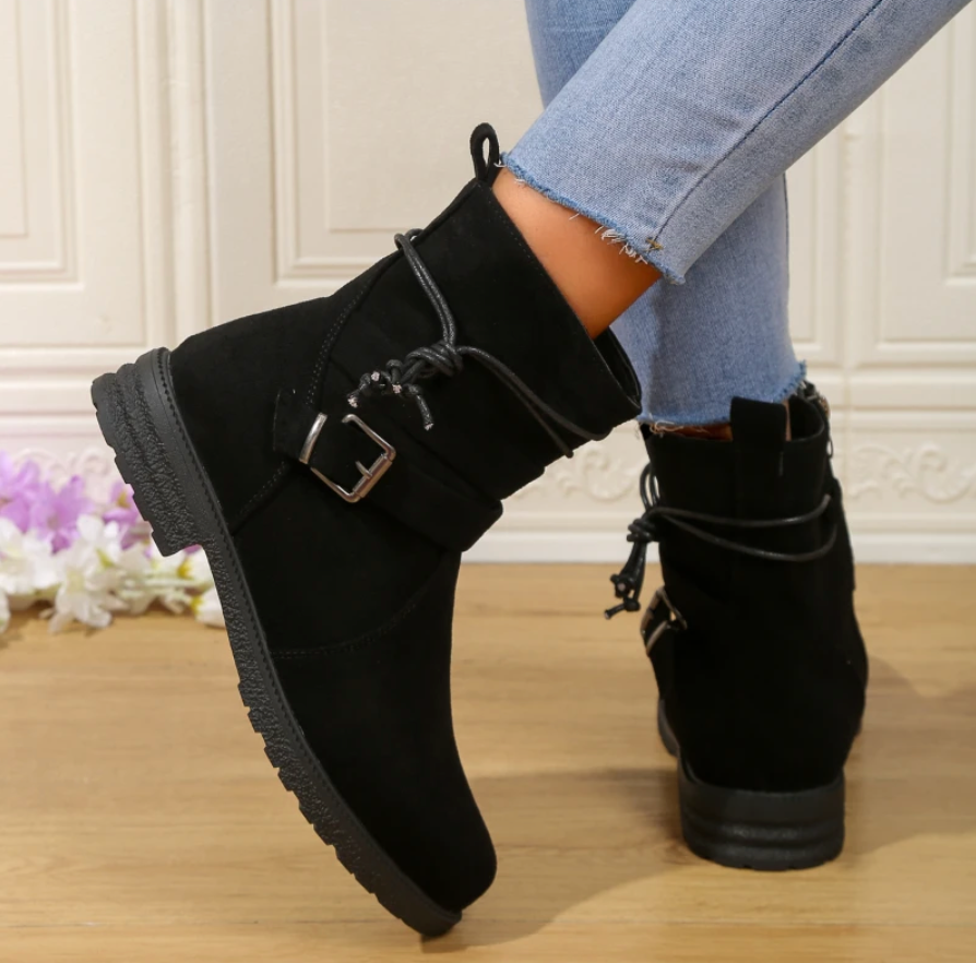 Bottes Femme - Suède Doux - Bout Rond - Fermeture Éclair - Sangle Décorative