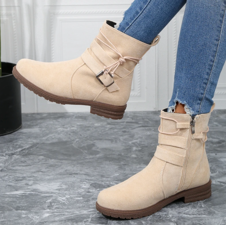 Bottes Femme - Suède Doux - Bout Rond - Fermeture Éclair - Sangle Décorative