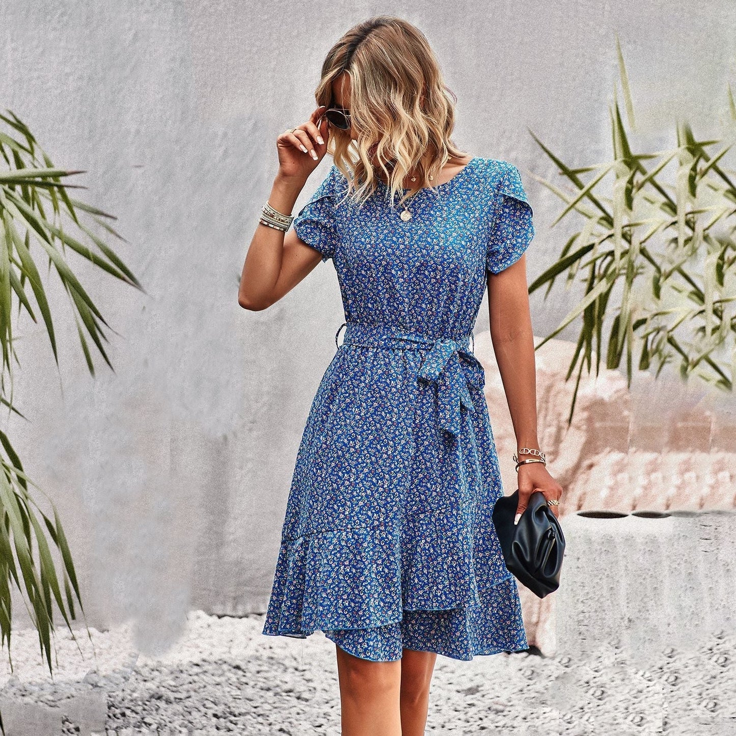 Robe Midi Femme - Imprimé Fleuri - Taille Ceinturée - Manches Courtes - Col Rond