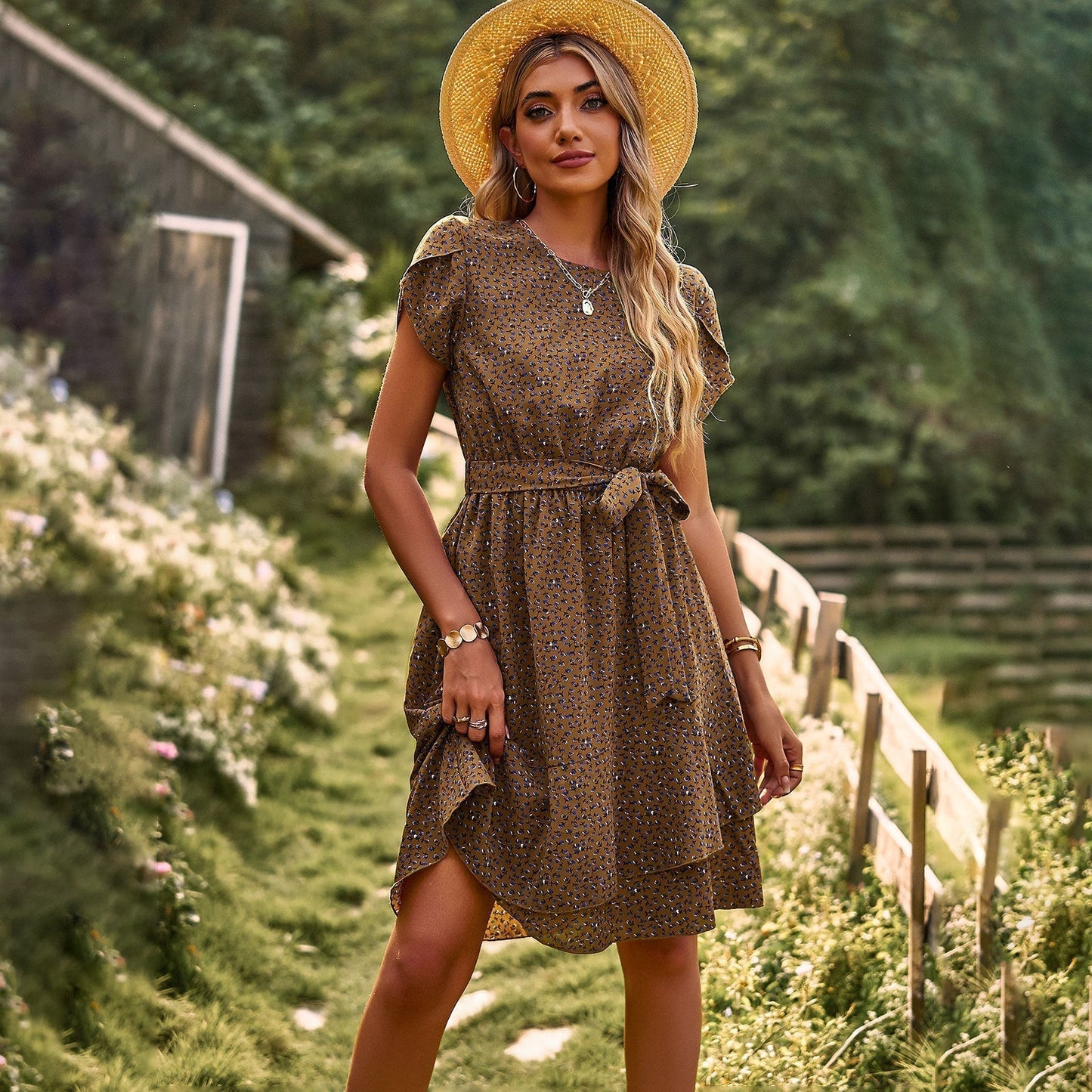 Robe Midi Femme - Imprimé Fleuri - Taille Ceinturée - Manches Courtes - Col Rond