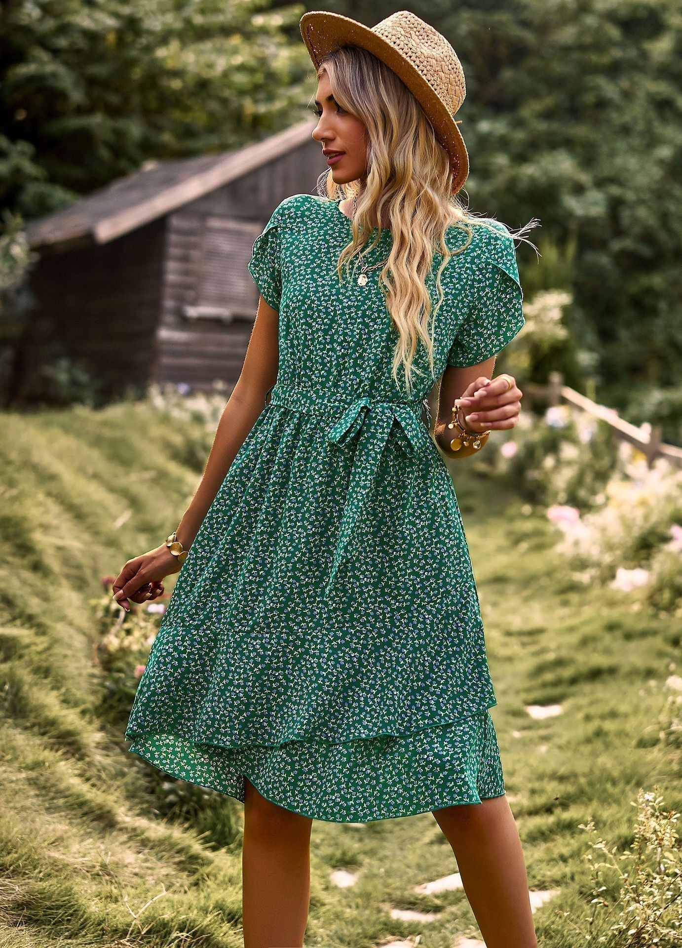 Robe Midi Femme - Imprimé Fleuri - Taille Ceinturée - Manches Courtes - Col Rond