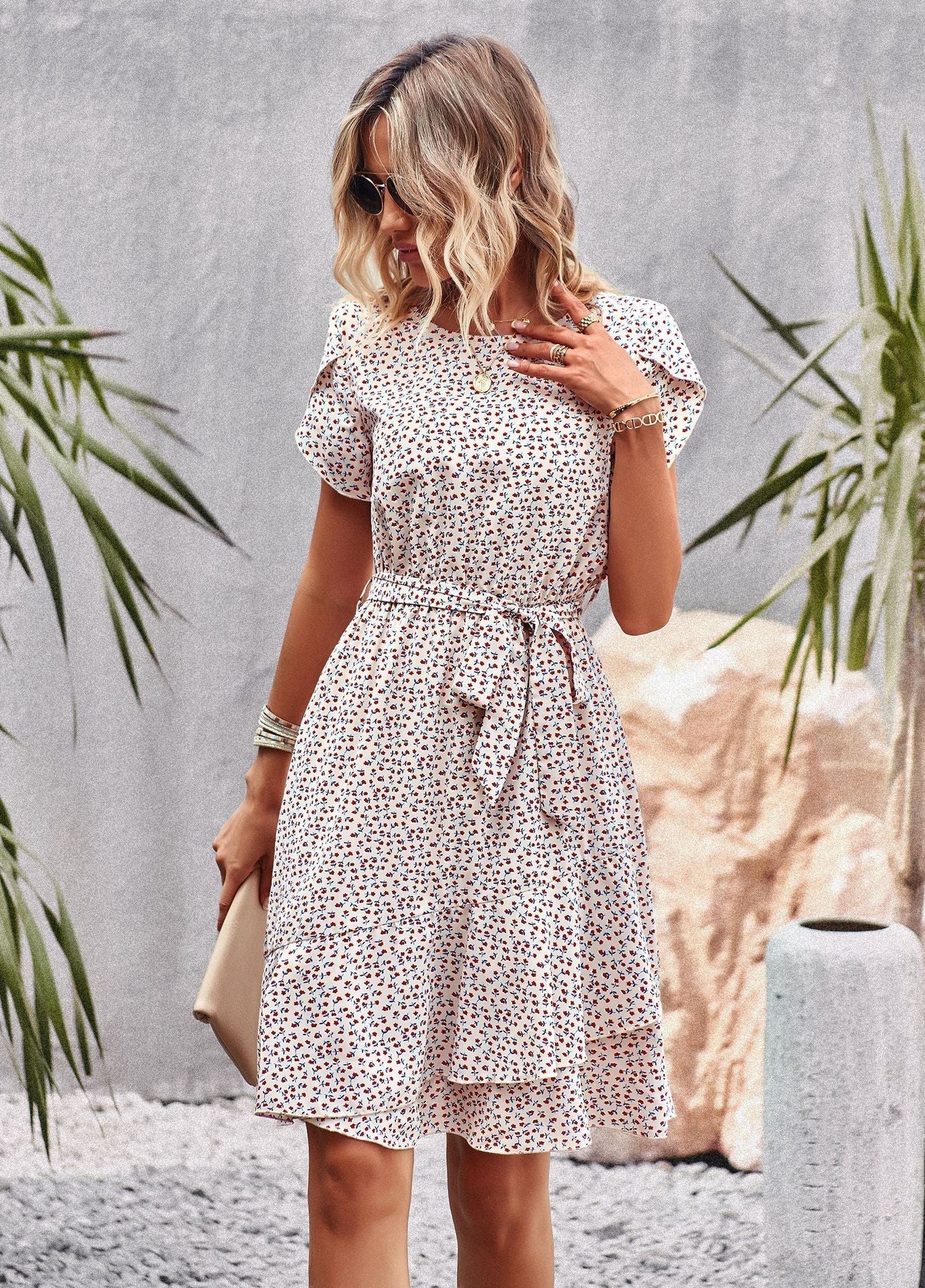 Robe Midi Femme - Imprimé Fleuri - Taille Ceinturée - Manches Courtes - Col Rond