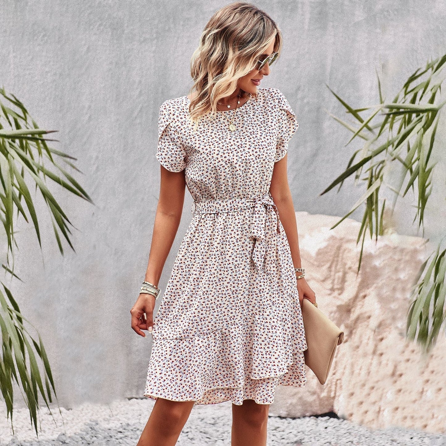 Robe Midi Femme - Imprimé Fleuri - Taille Ceinturée - Manches Courtes - Col Rond
