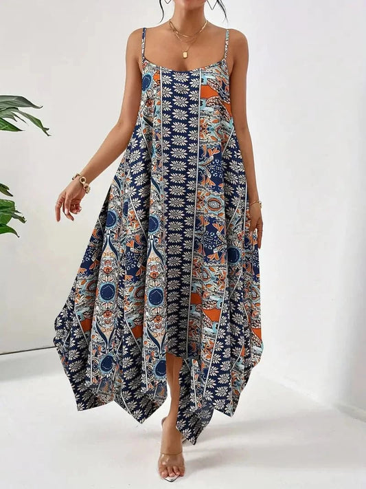 Robe longue à imprimé bohème chic - Épaules dénudées, silhouette fluide, bretelles réglables pour femme