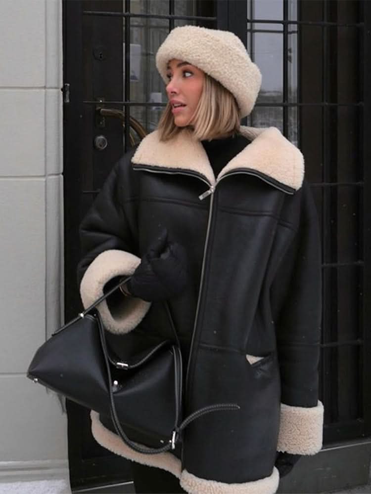 Veste en simili cuir doublée de peluche chaude et élégante pour femme