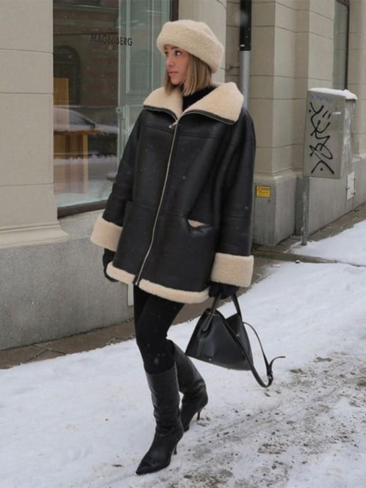 Veste en simili cuir doublée de peluche chaude et élégante pour femme