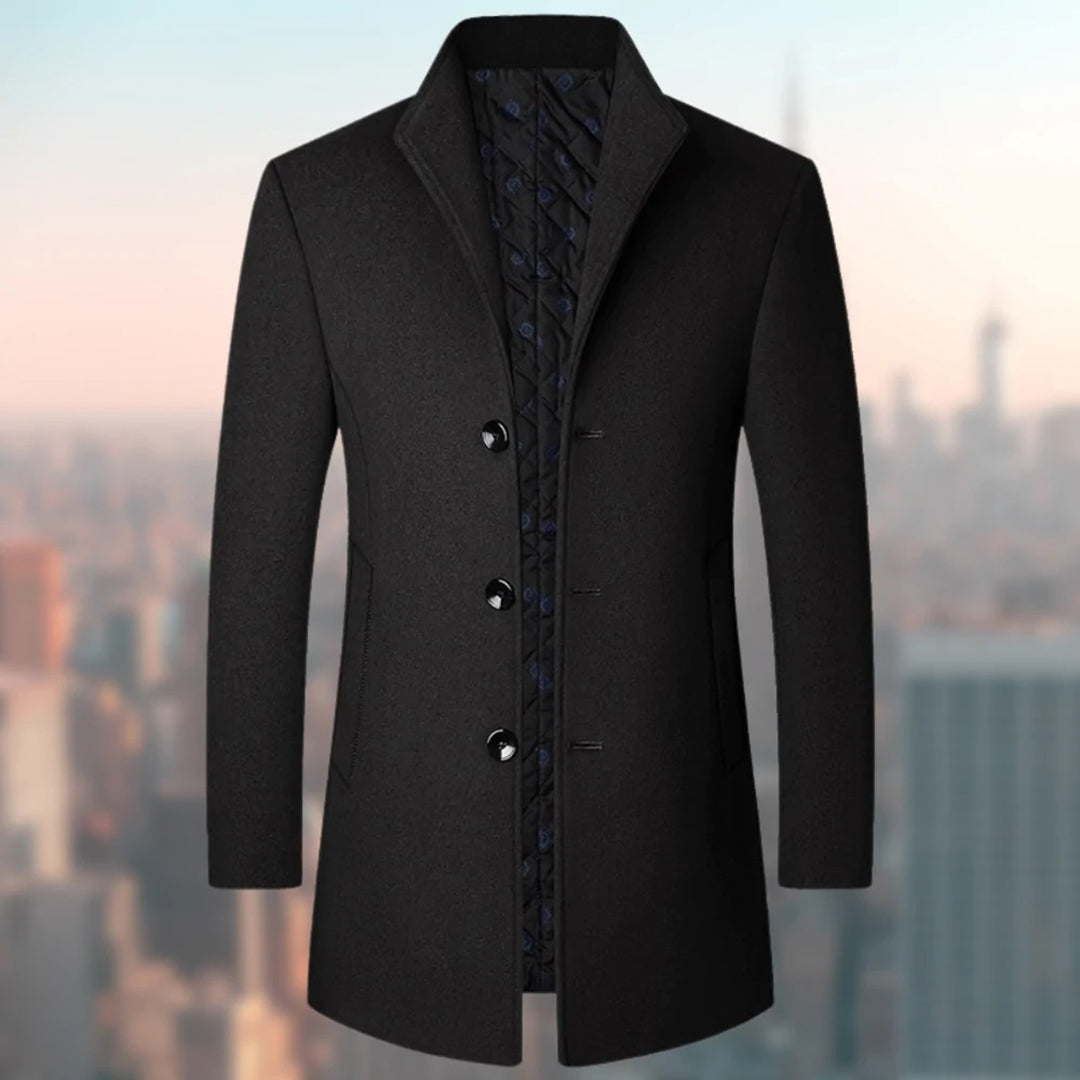 Manteau long homme – Coupe ajustée – Laine – Intérieur matelassé – Boutonnage simple