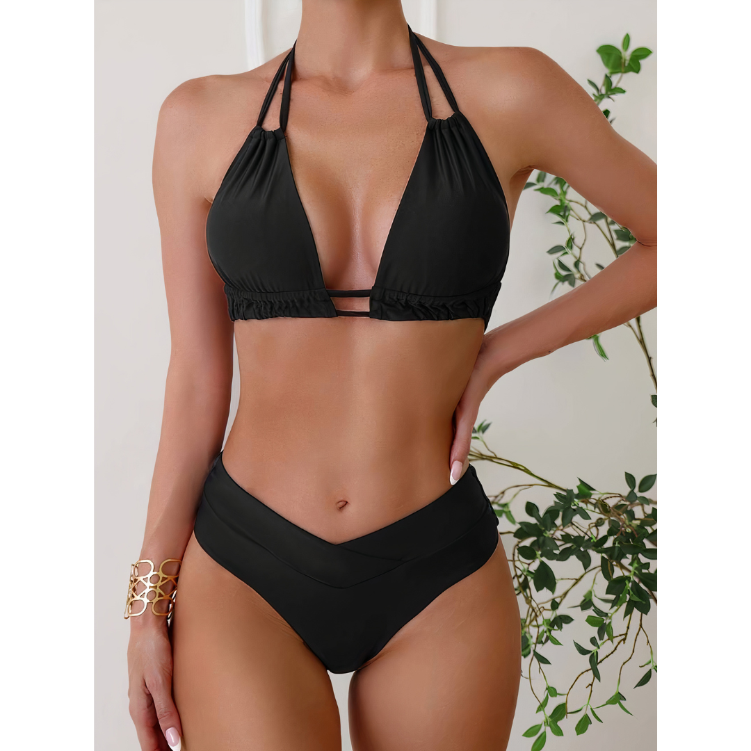 Bikini femme – Haut dos nu ajustable – Bas taille haute découpe en V – Tissu respirant