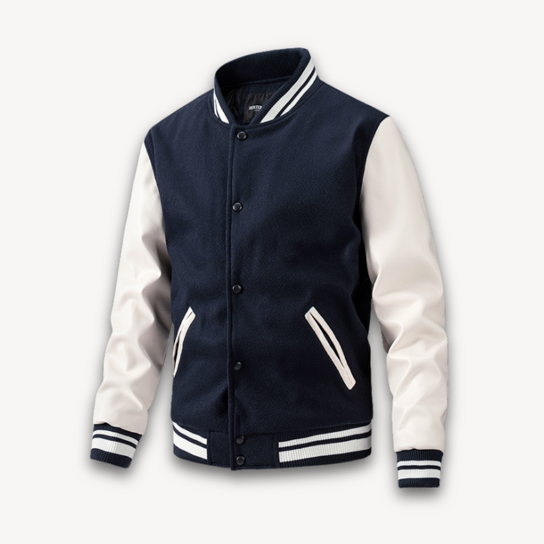 Veste universitaire homme – Coupe décontractée – Manches effet cuir – Boutons pression