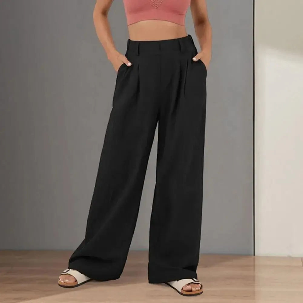 Pantalon Large Femme - Taille Haute Plissée - Coupe Ample Élégante - Avec Poches