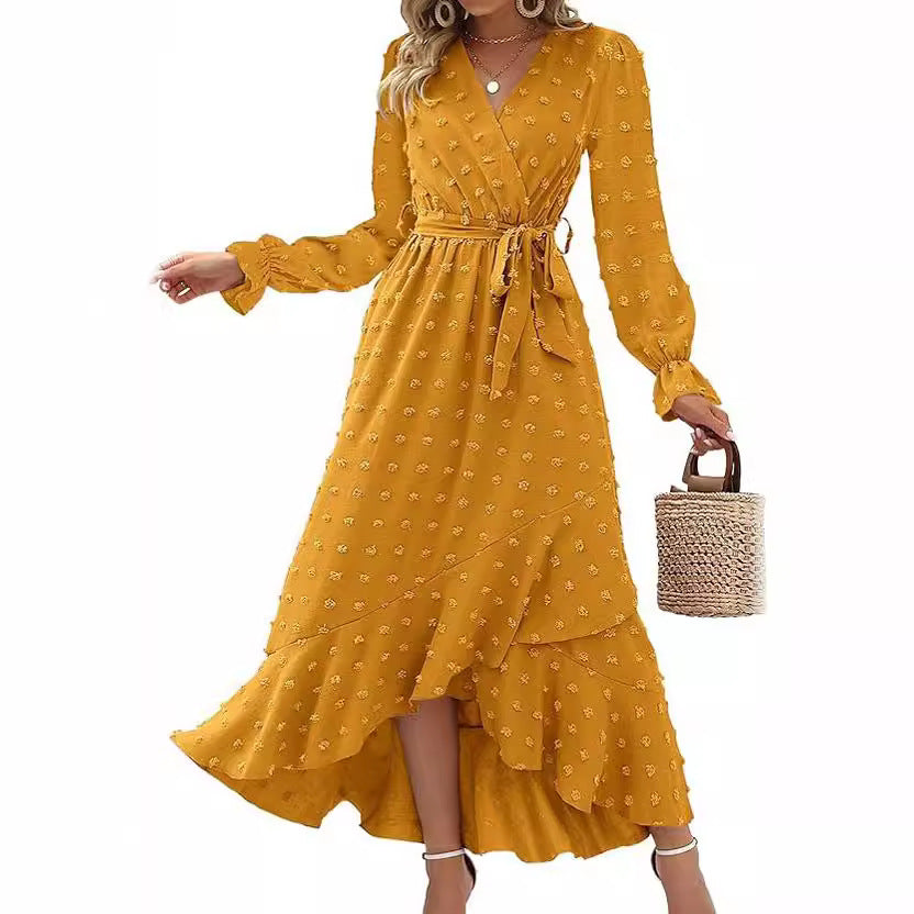 Robe Portefeuille Femme - Manches Longues - Décolleté V - Ceinture Ajustable - Coupe Fluide