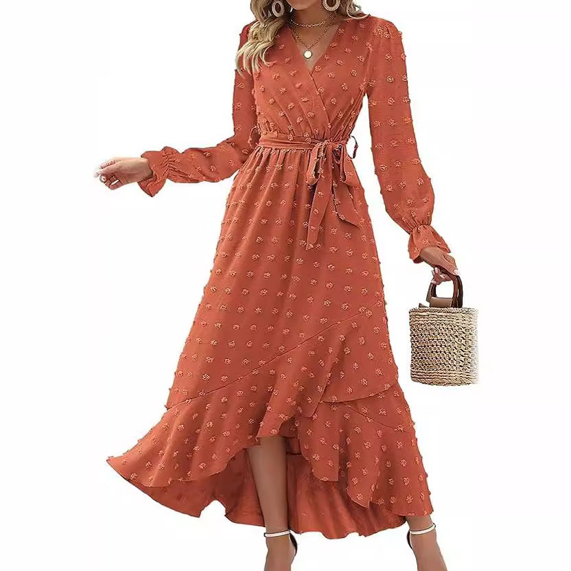 Robe Portefeuille Femme - Manches Longues - Décolleté V - Ceinture Ajustable - Coupe Fluide