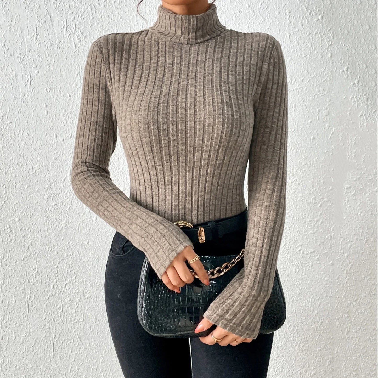 Sweat-shirt femme col roulé – Coupe ajustée – Maille côtelée – Mélange Laine douce