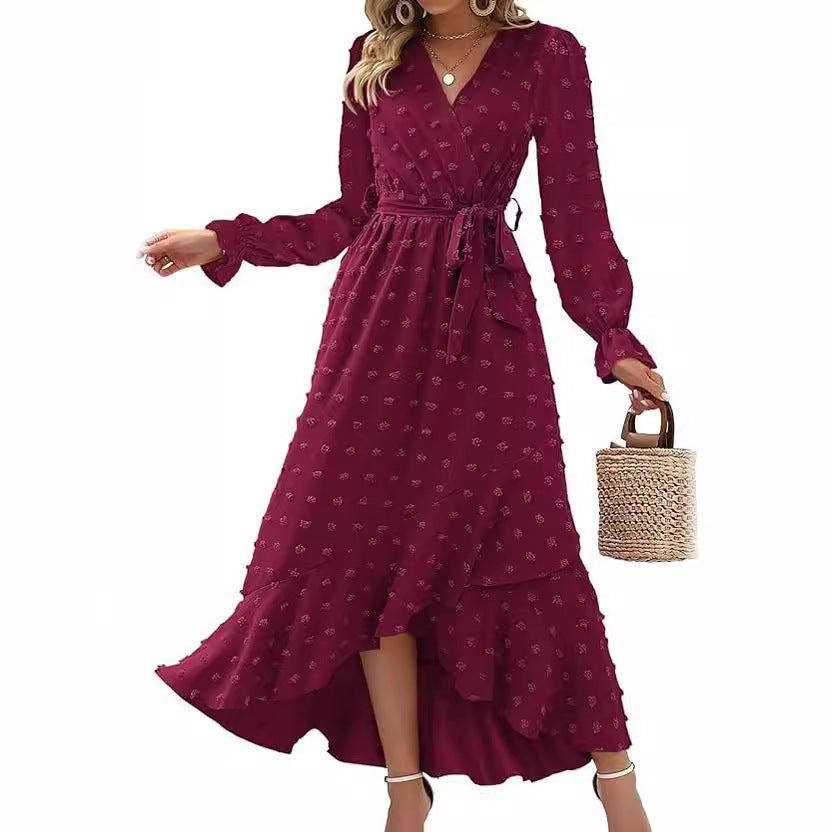 Robe Portefeuille Femme - Manches Longues - Décolleté V - Ceinture Ajustable - Coupe Fluide