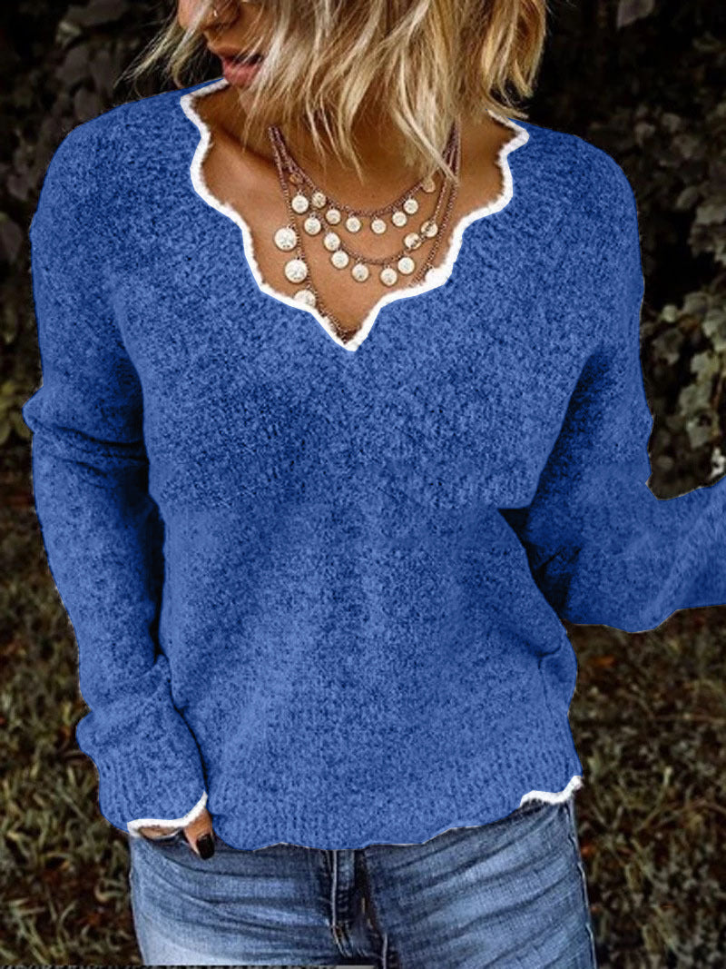 Pull femme – Coupe décontractée – Maille laine – Col festonné élégant