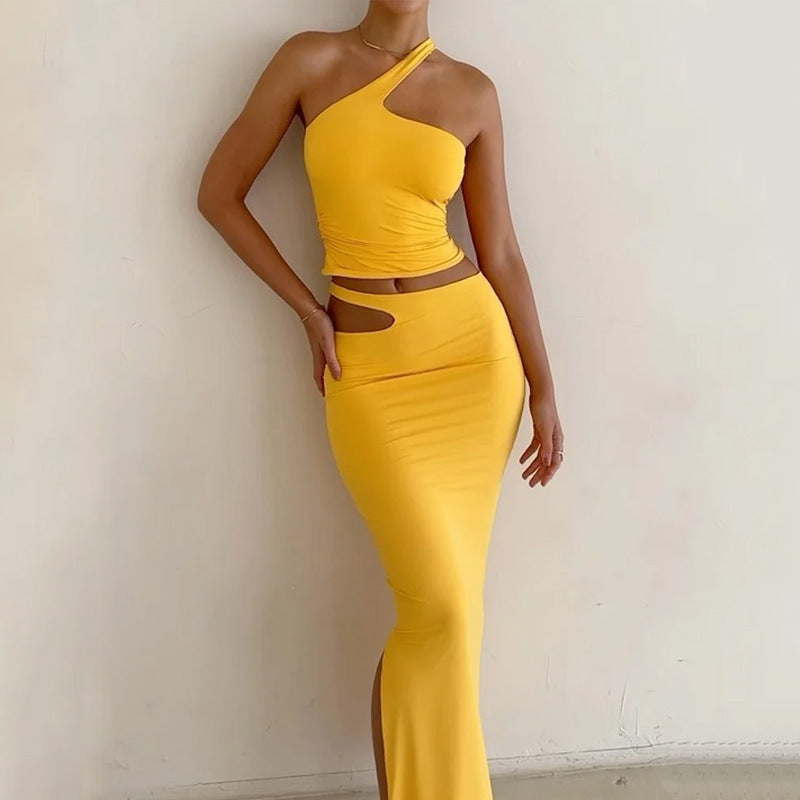 Ensemble Jupe Femme – Coupe Slim – Top Asymétrique – Jupe Midi à Découpe
