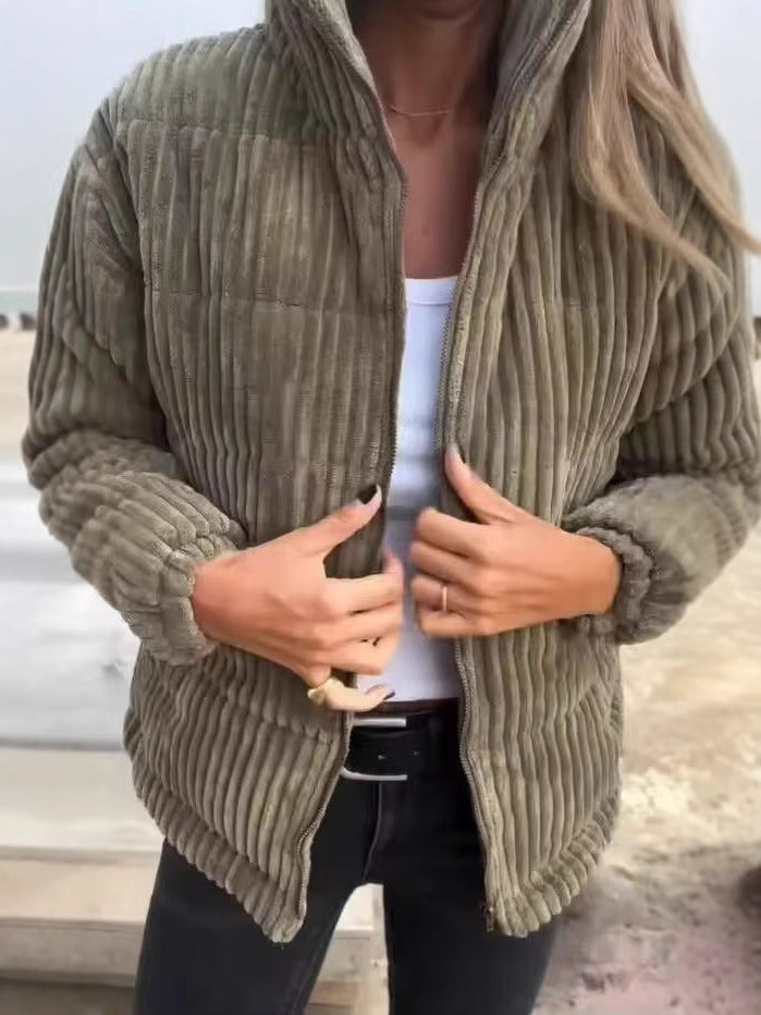 Veste femme en velours côtelé – Coupe décontractée – Longueur courte – Col montant – Fermeture zippée