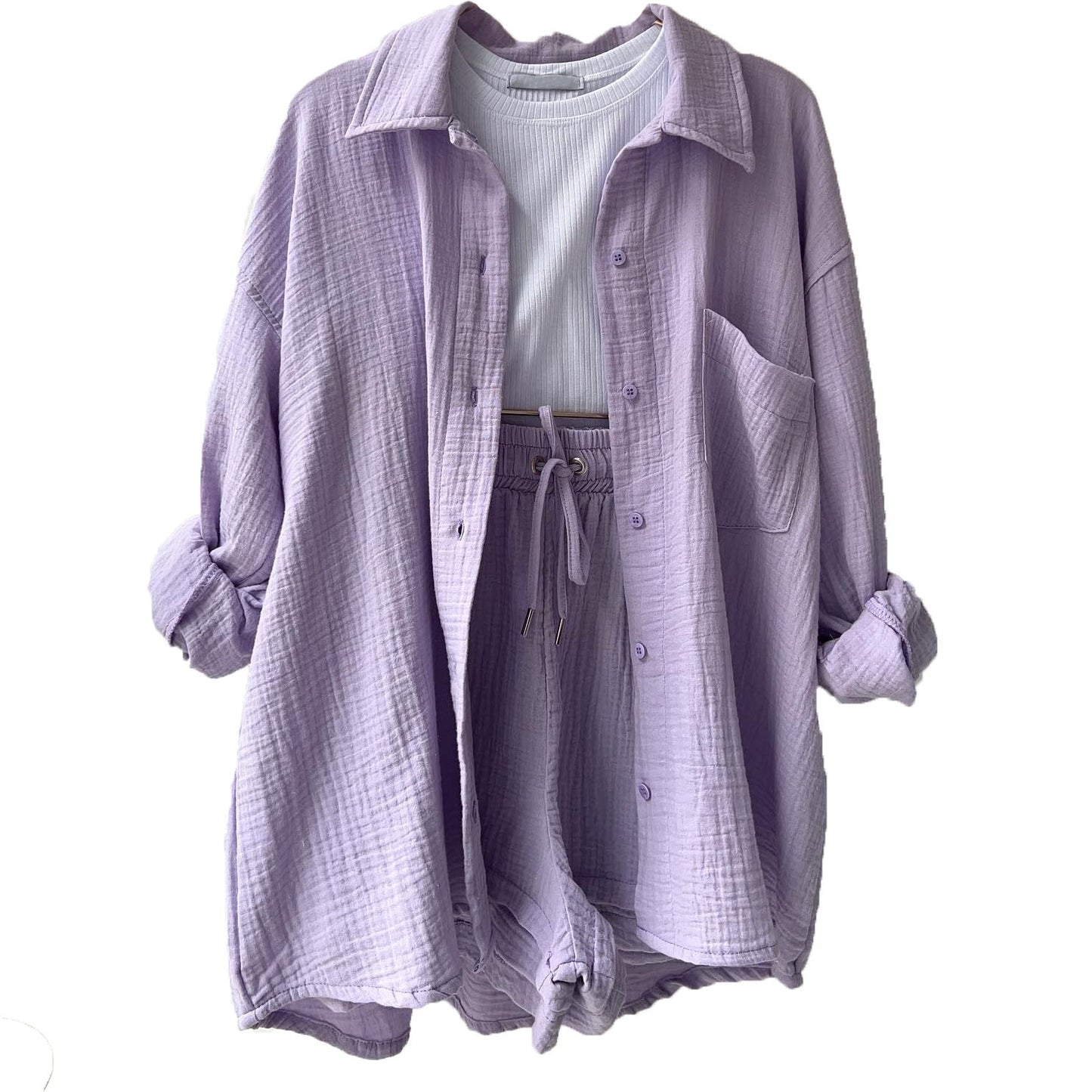 Ensemble Femme – Chemise Froissée Col Classique – Short Taille Haute Cordon Ajustable