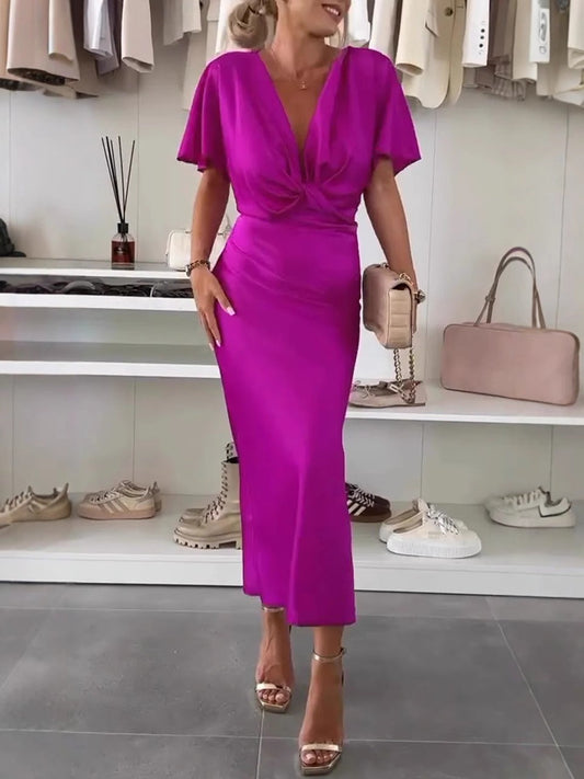 Robe longue femme – Coupe élégante – Décolleté croisé – Manches papillon – Finition satinée