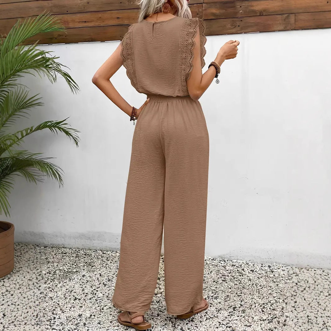 Ensemble Loungewear Femme – Haut Sans Manches Dentelle – Pantalon Large Cordon Ajustable