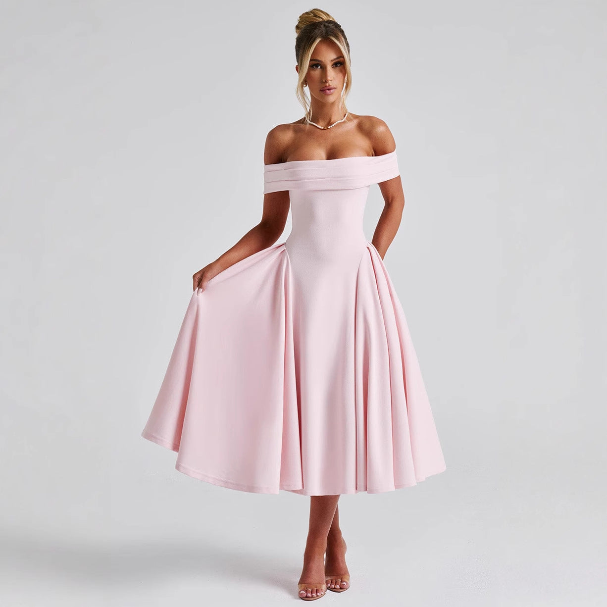 Robe midi femme – Épaules dénudées – Coupe évasée – Tissu structuré élégant