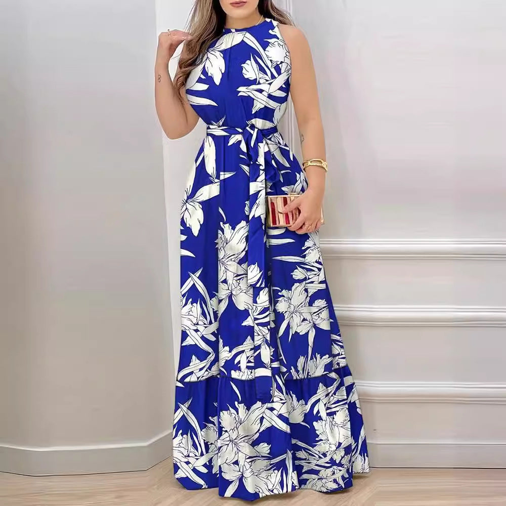Robe longue femme à col halter – Imprimé floral – Taille ceinturée – Tissu fluide