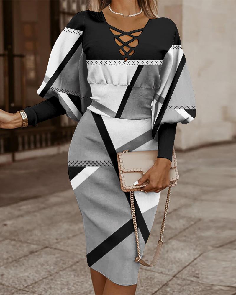 Robe moulante femme – Motif à carreaux – Manches longues – Col en V croisé – Taille cintrée