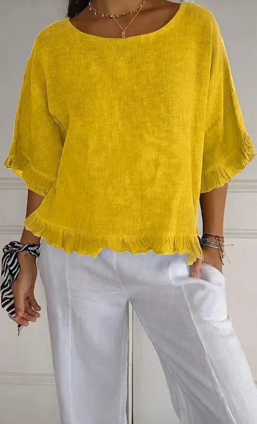 Blouse femme manches courtes – Coupe fluide – Lin et coton – Col rond – Finitions volantées