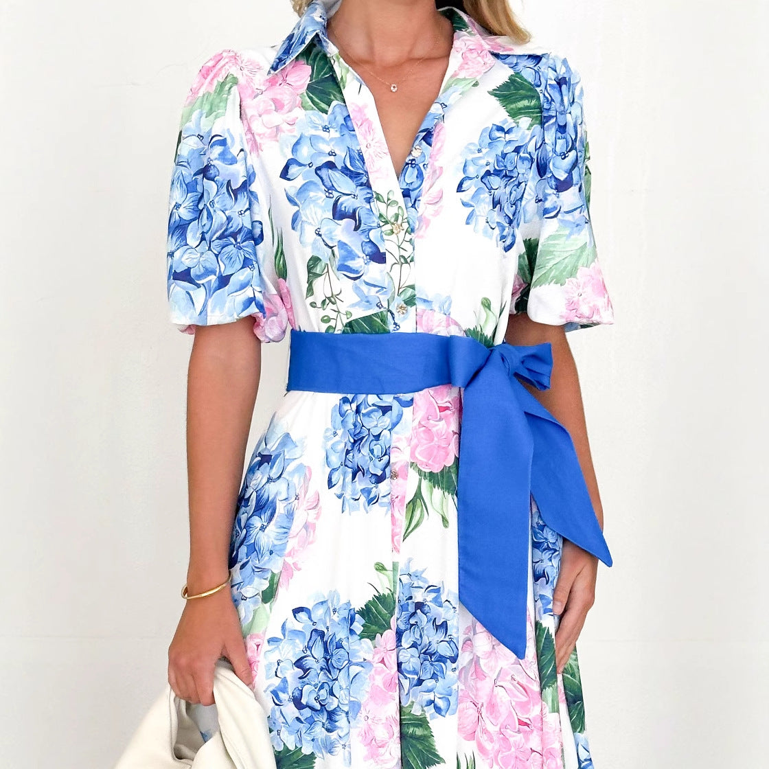 Robe longue femme – Coupe évasée – Manches courtes – Ceinture – Imprimé fleuri