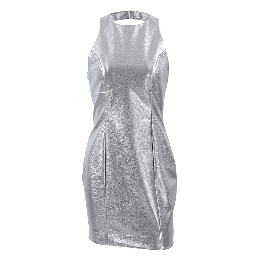 Robe moulante femme – Sans manches – Similicuir brillant – Coupe mini ajustée