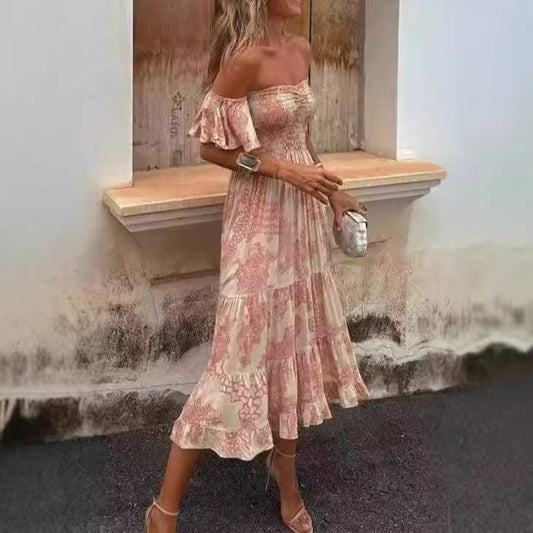 Robe femme – Épaules dénudées – Bustier smocké – Manches volantées – Jupe mi-longue à volants