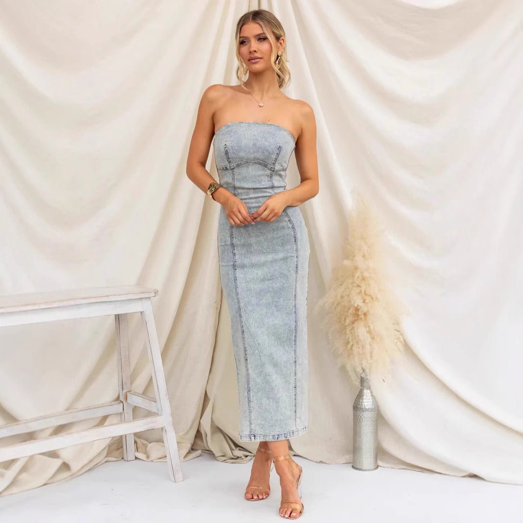 Robe femme sans bretelles – Coupe slim – Denim structuré – Longueur midi