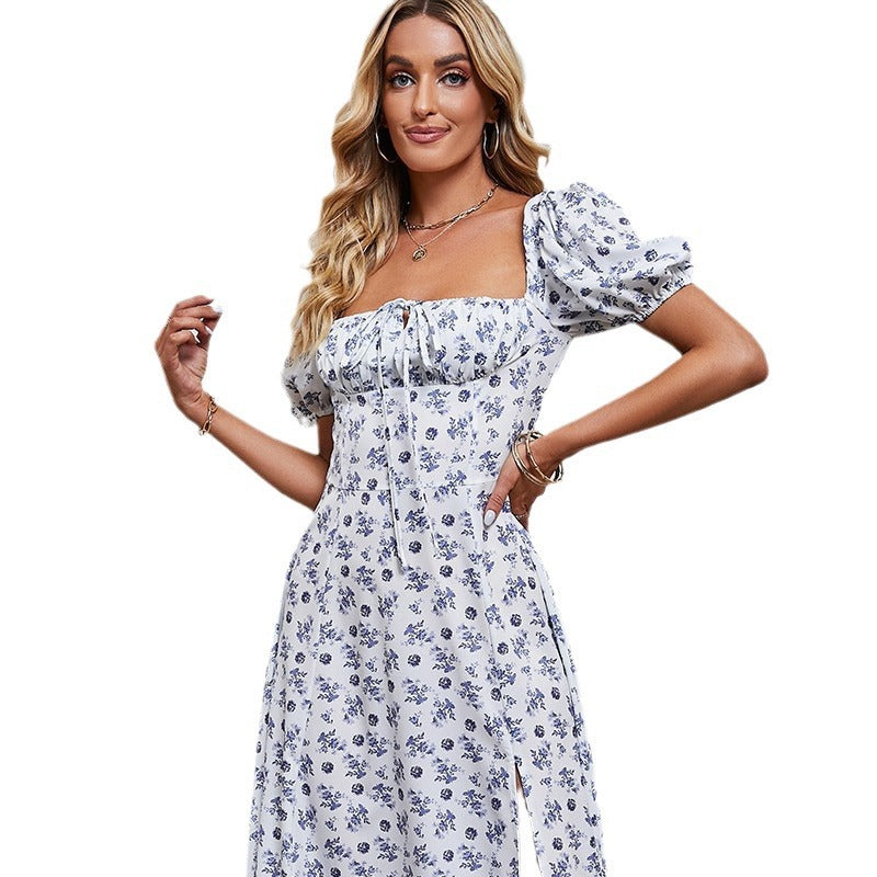 Robe midi femme – Coupe évasée – Manches bouffantes – Nœud poitrine – Fente frontale