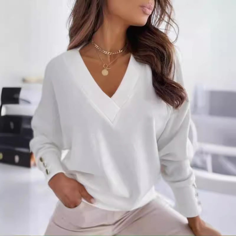 T-shirt manches longues femme – Col V – Coupe décontractée – Maille douce – Détail boutons
