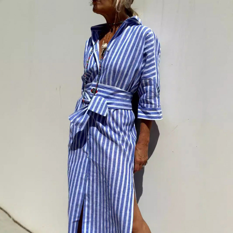 Robe chemise femme – Coupe décontractée – Coton léger – Manches longues – Boutonnée