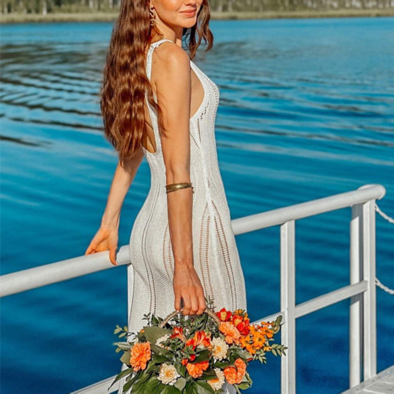 Robe femme sans manches – Maille côtelée – Coupe moulante – Dos nu – Longueur cheville