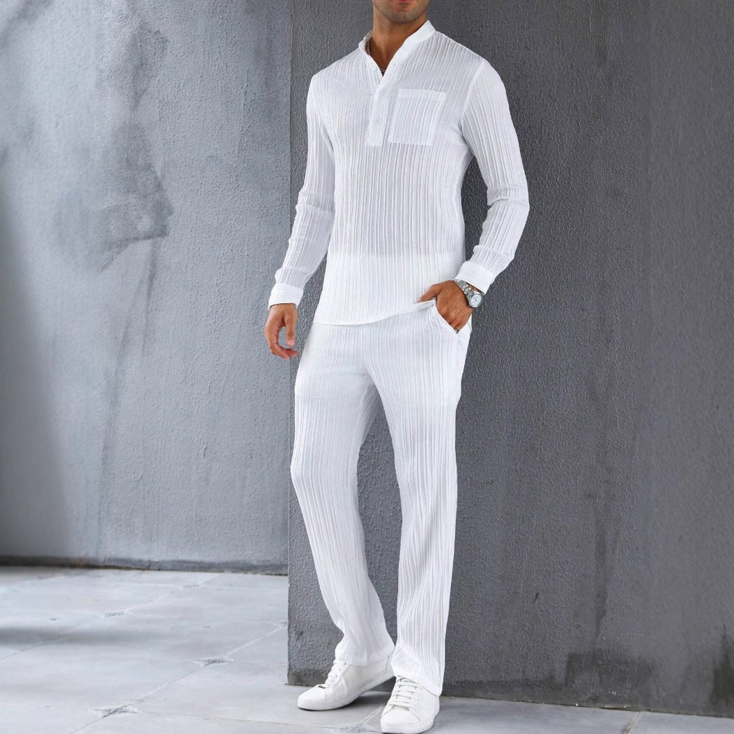 Tenue homme chemise et pantalon – Coupe slim – Tissu côtelé – Tendance décontractée