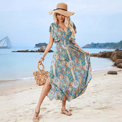 Robe longue femme – Tissu respirant – Décolleté plongeant – Manches amples boho