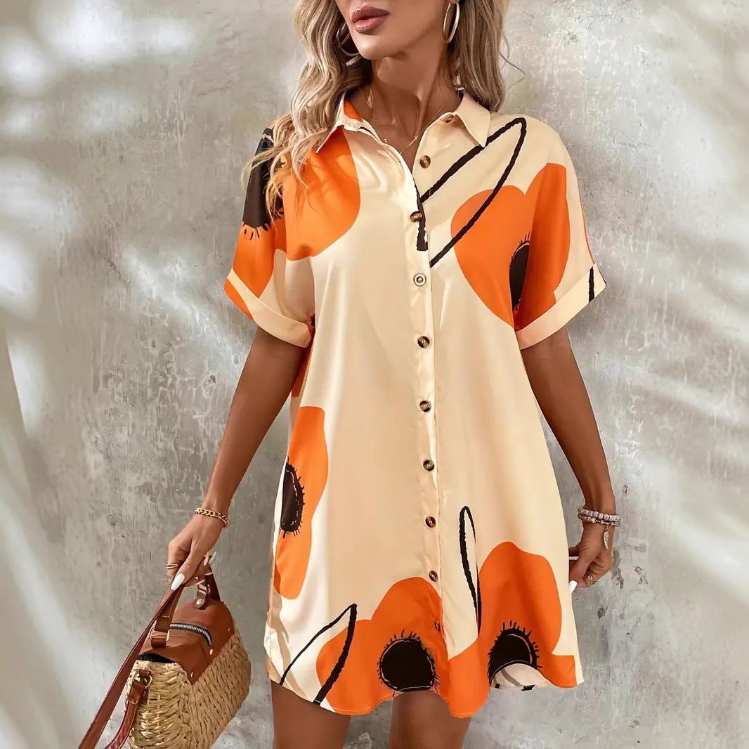 Robe femme – Coupe droite – Manches courtes retroussées – Tissu léger – Imprimé fleuri