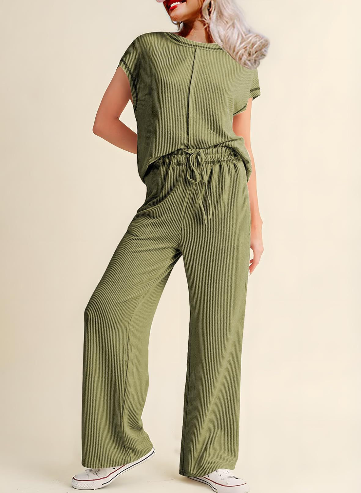 Ensemble Loungewear Femme – Coupe Décontractée – Maille Côtelée Douce – Haut Manches Courtes et Pantalon Large