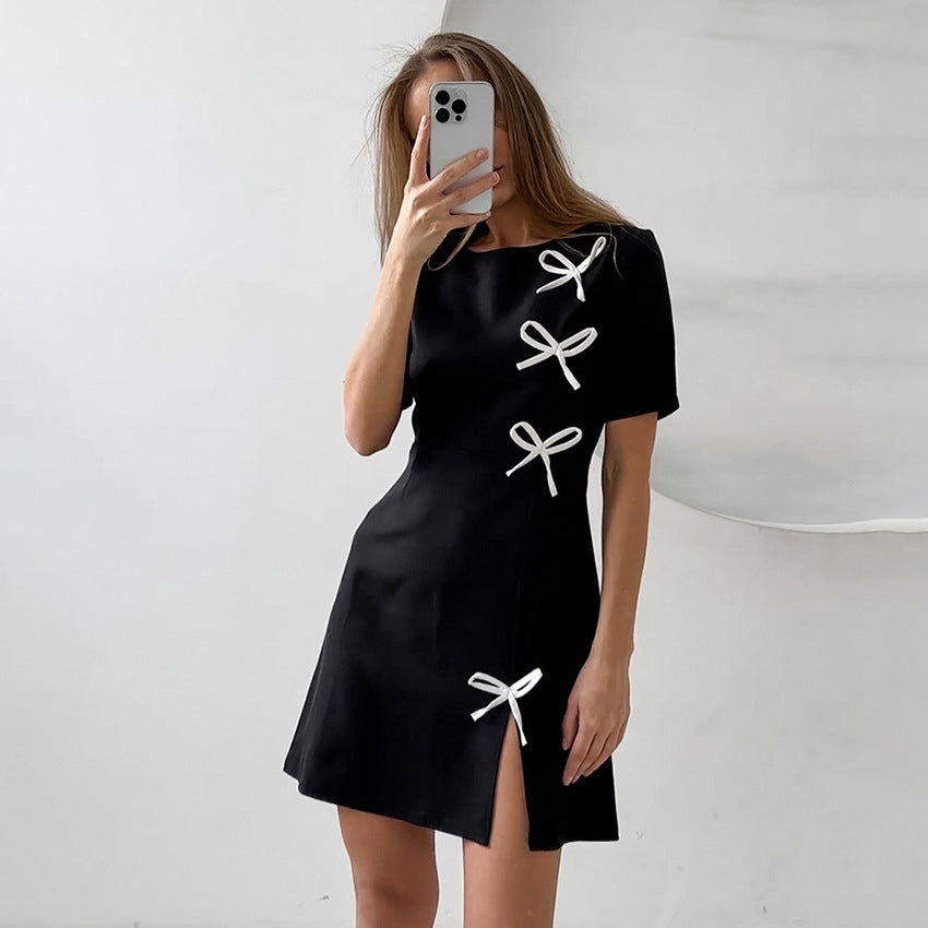 Robe Trapèze Femme - Manches Courtes - Détail Nœud - Fente Élégante
