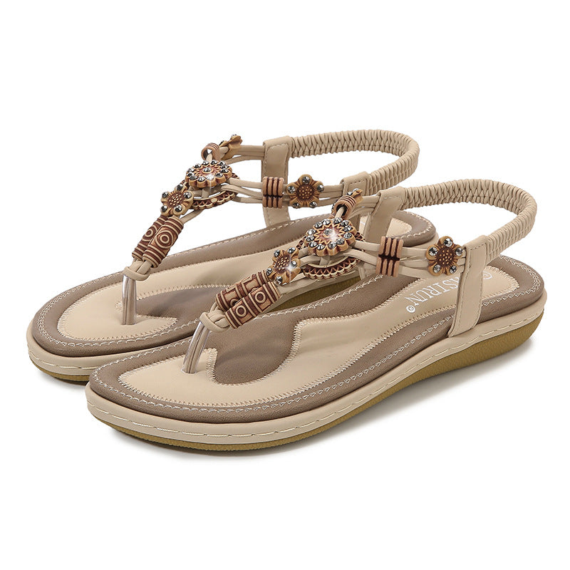 Sandales plates femme – Style boho chic – Perles bois – Bride tressée cheville
