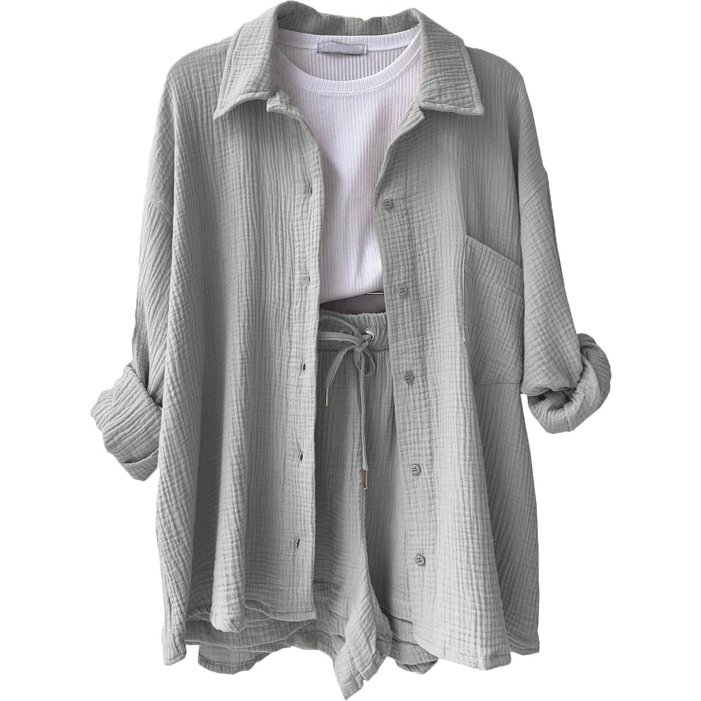 Ensemble Femme – Chemise Froissée Col Classique – Short Taille Haute Cordon Ajustable