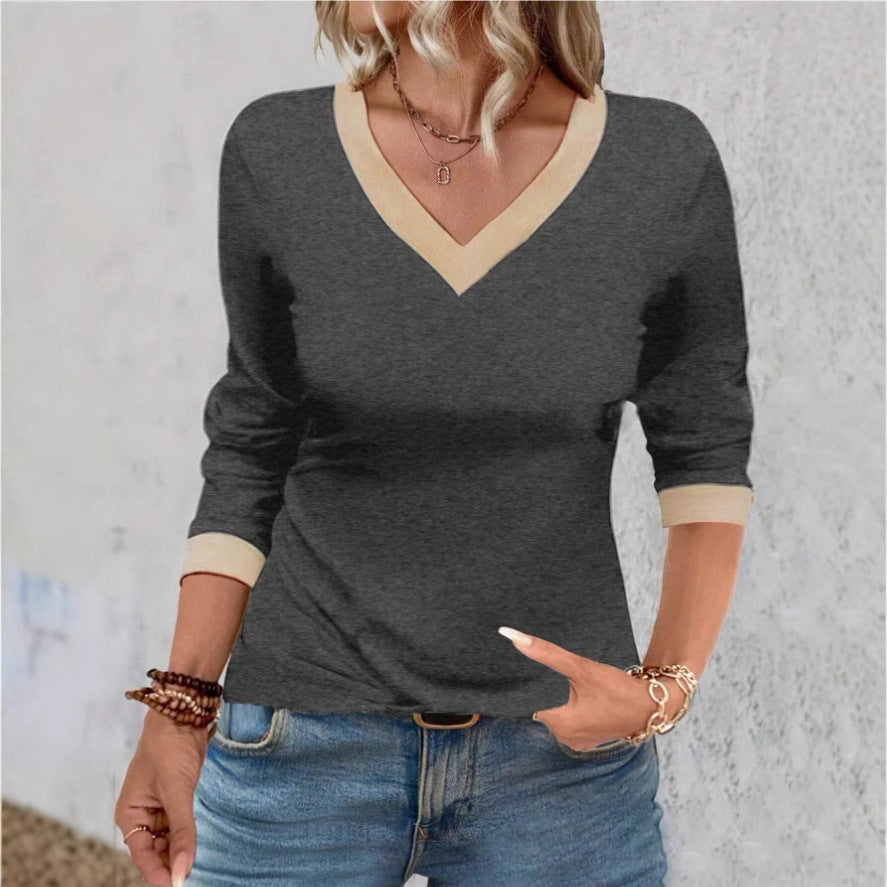 T-shirt femme col V – Maille douce – Coupe décontractée – Manches 3/4 – Finition épurée