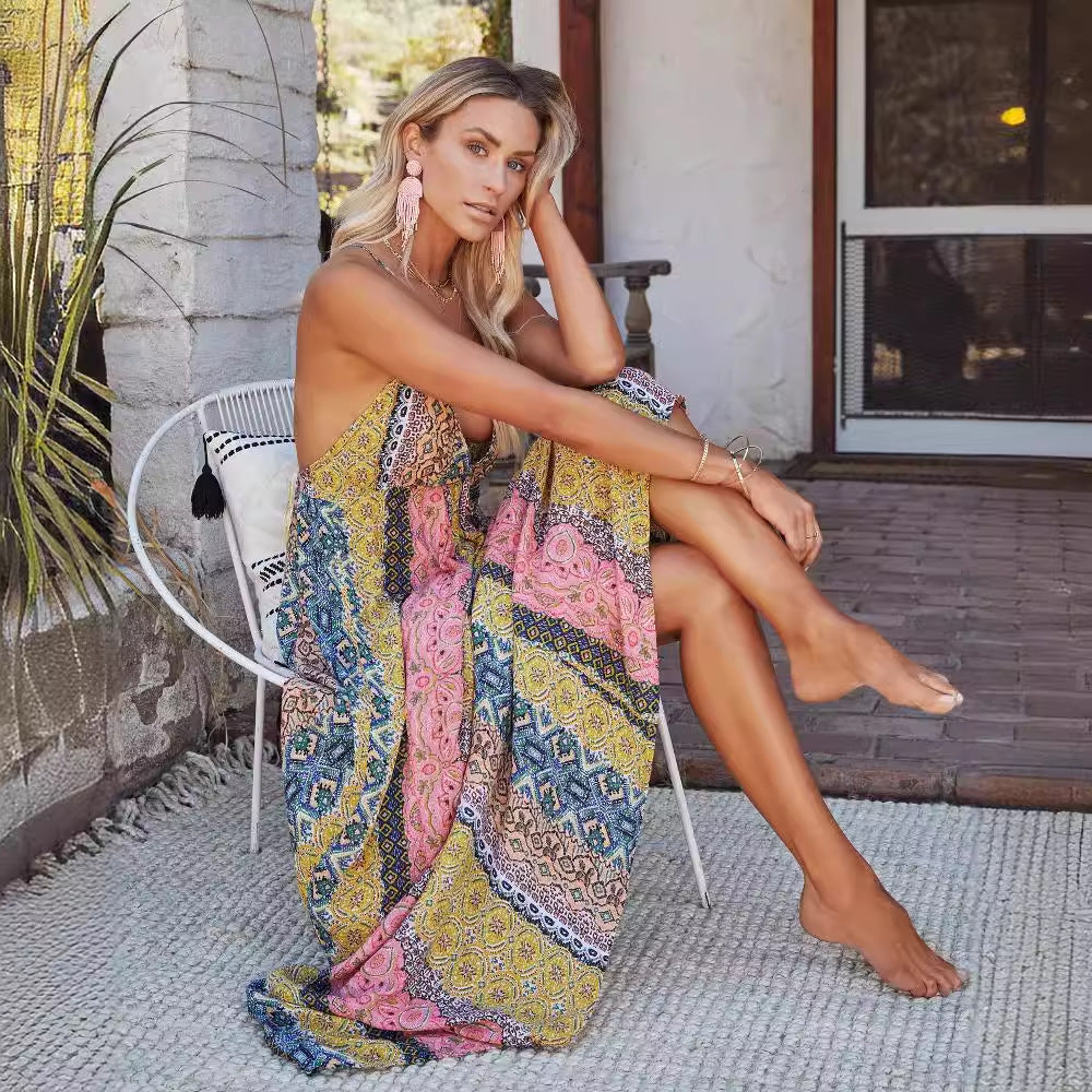 Robe longue femme – Bretelles fines – Dos nu – Coupe ample fluide – Tissu léger respirant