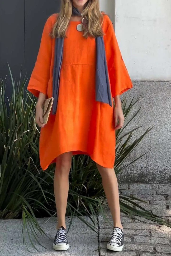 Robe femme – Coupe droite – Tissu coton lin – Manches 3/4 – Longueur genou – Poches