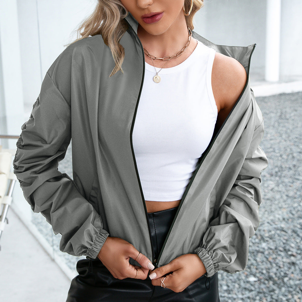 Veste extérieure femme – Imperméable légère – Coupe décontractée – Zip frontal