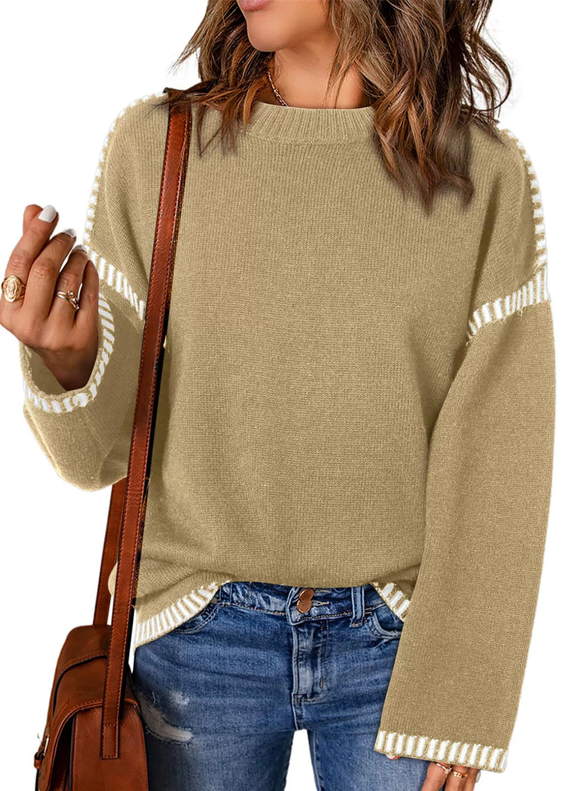 Pull femme – Coupe ample – Maille torsadée – Col rond – Manches longues à rayures
